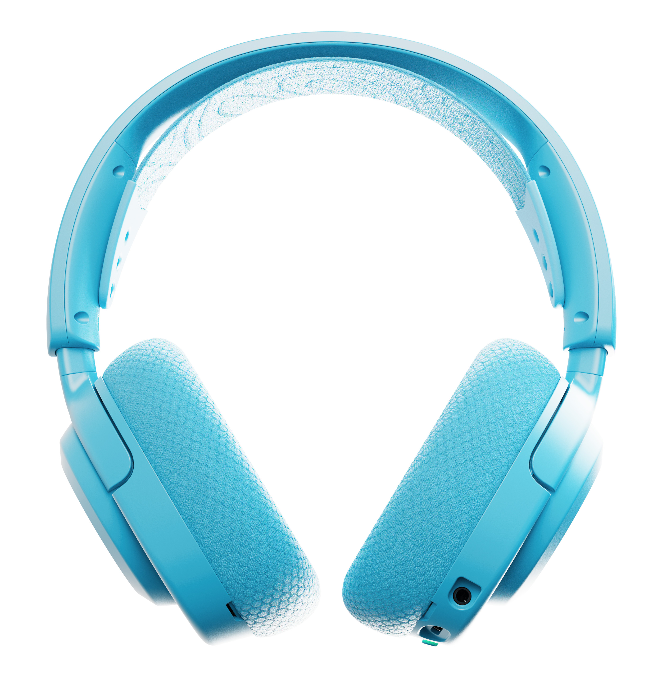 Jasnoniebieskie słuchawki, widok z góry, na białym tle.