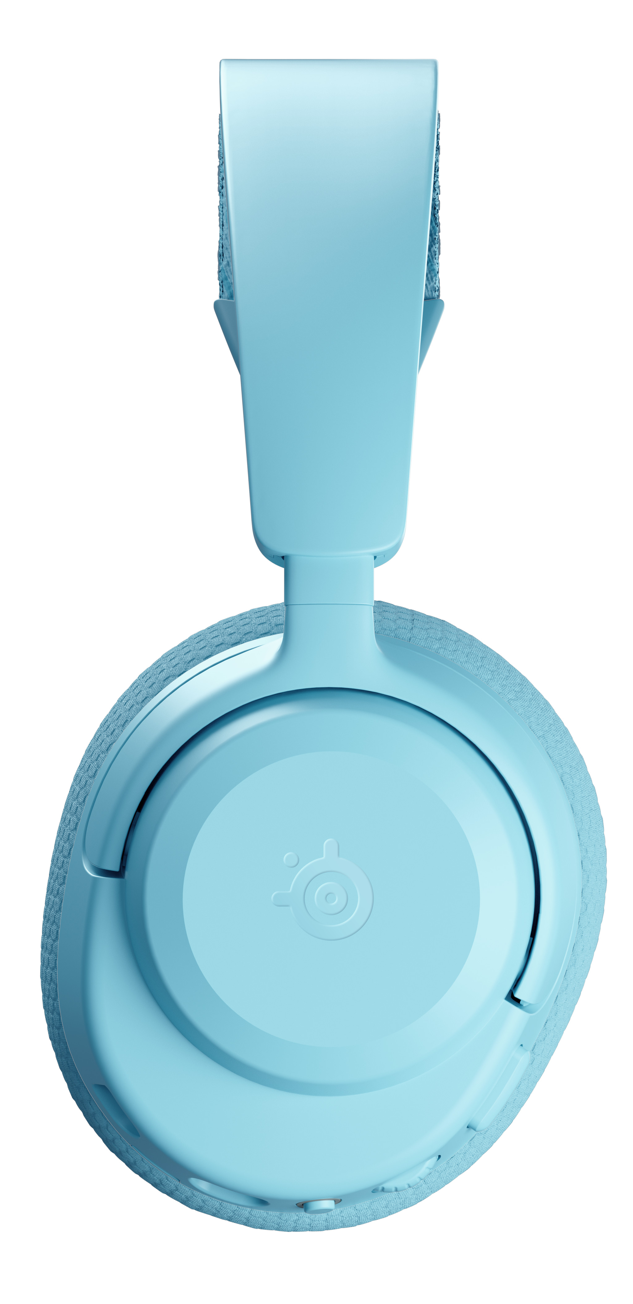 Jasnoniebieskie słuchawki, widok od dołu, na białym tle.