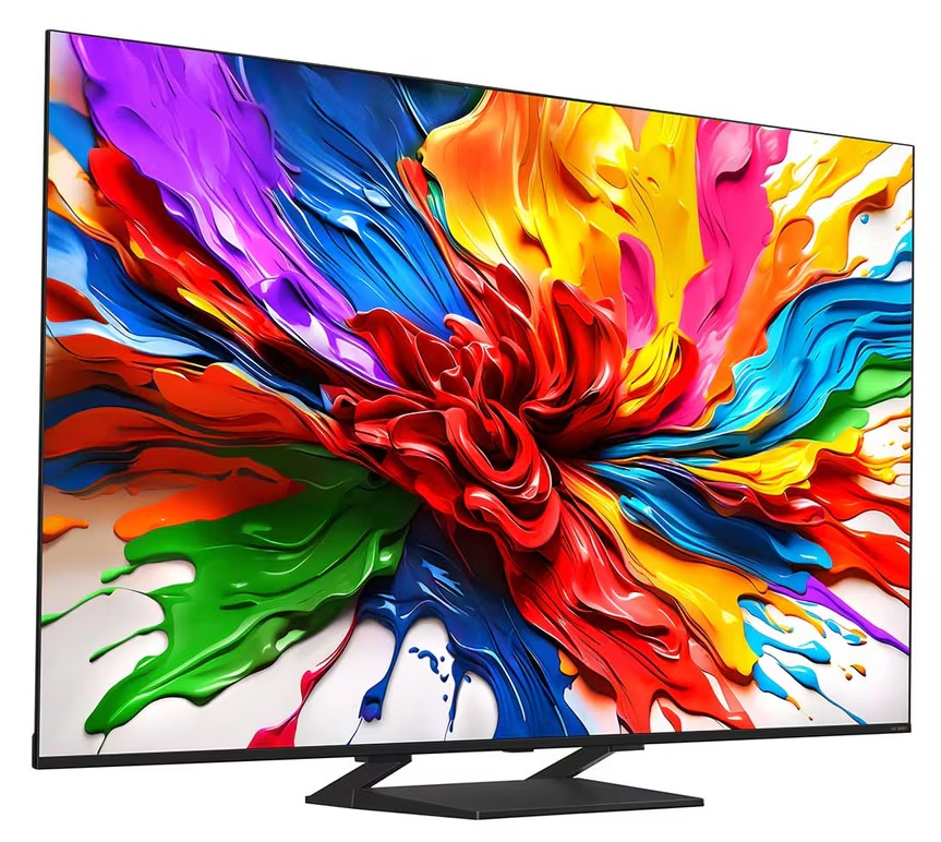 Telewizor LG wyświetlający kolorową sztukę abstrakcyjną na białym tle, lekko pochylony.