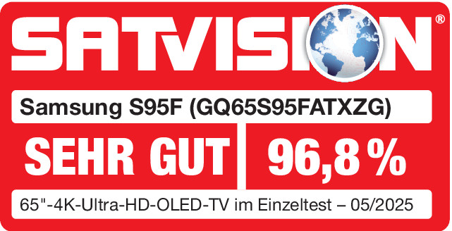Roter Aufkleber mit Text über einen Samsung-Fernseher, Bewertung 96,8 %.