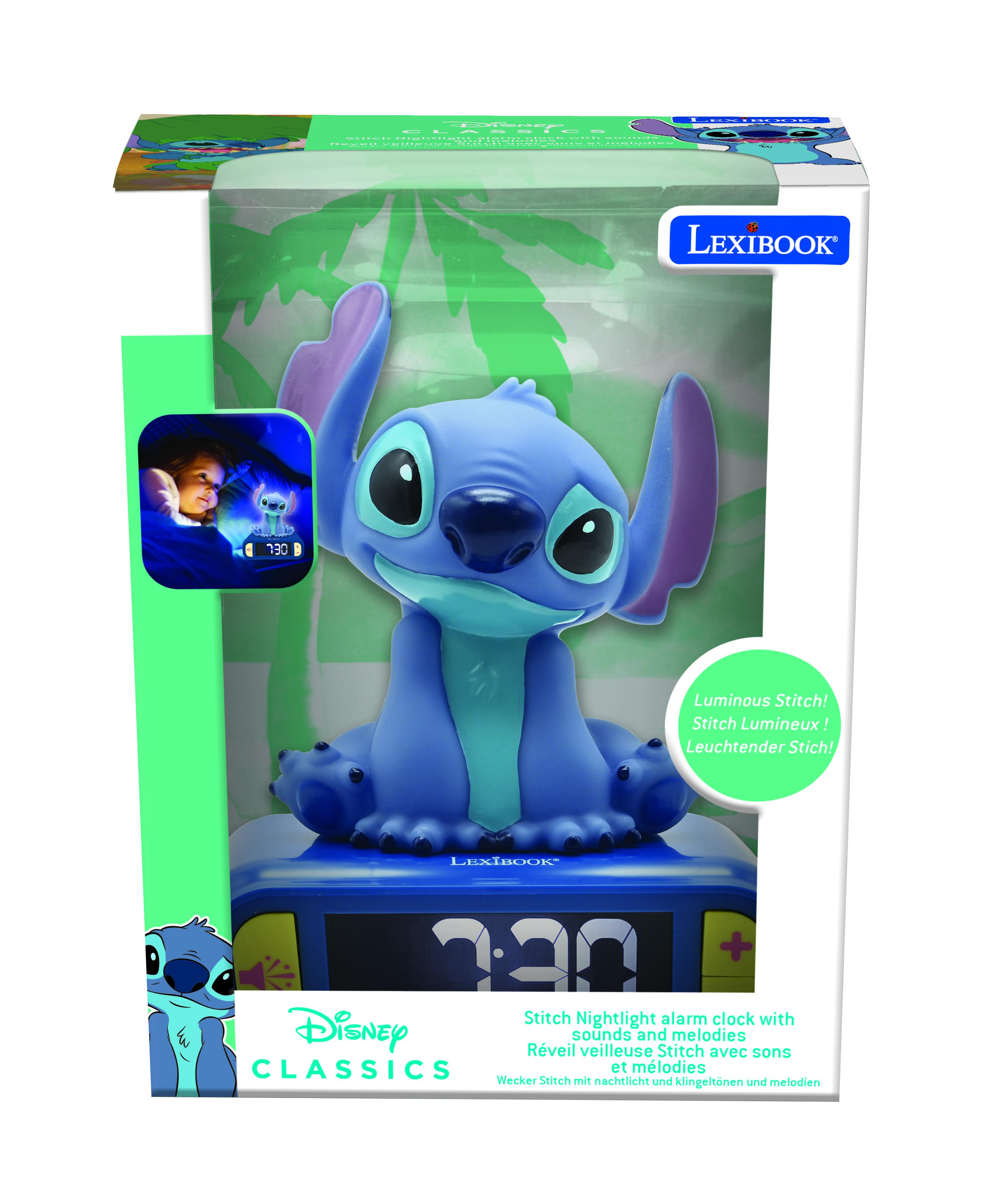 Ein Disney Stitch Wecker in einer Box. Die Verpackung zeigt die Uhr und ein Bild von Stitch.