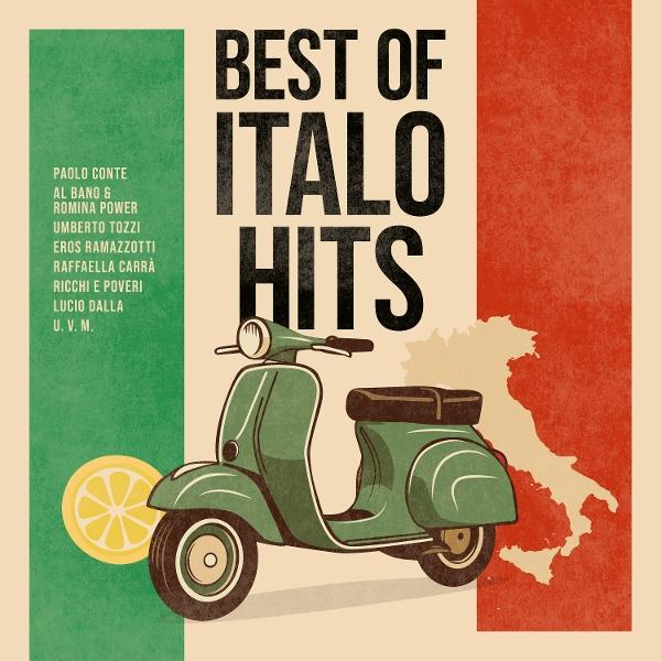 Albumcover. Grüner Roller. Titel: Best of Italo Hits. Italienische Flaggenfarben im Hintergrund.