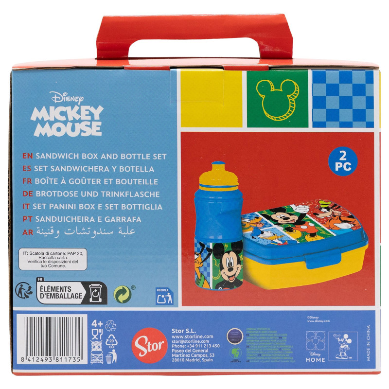 Parte trasera de una caja de juego de lonchera de Mickey Mouse. Incluye texto, gráficos y asa.
