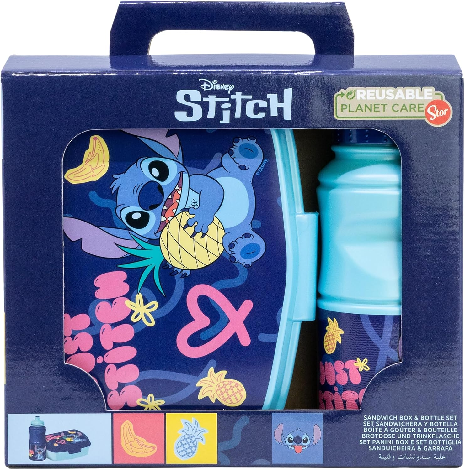 Juego de lonchera Stitch en una caja, con diseño de Stitch y una botella de agua.