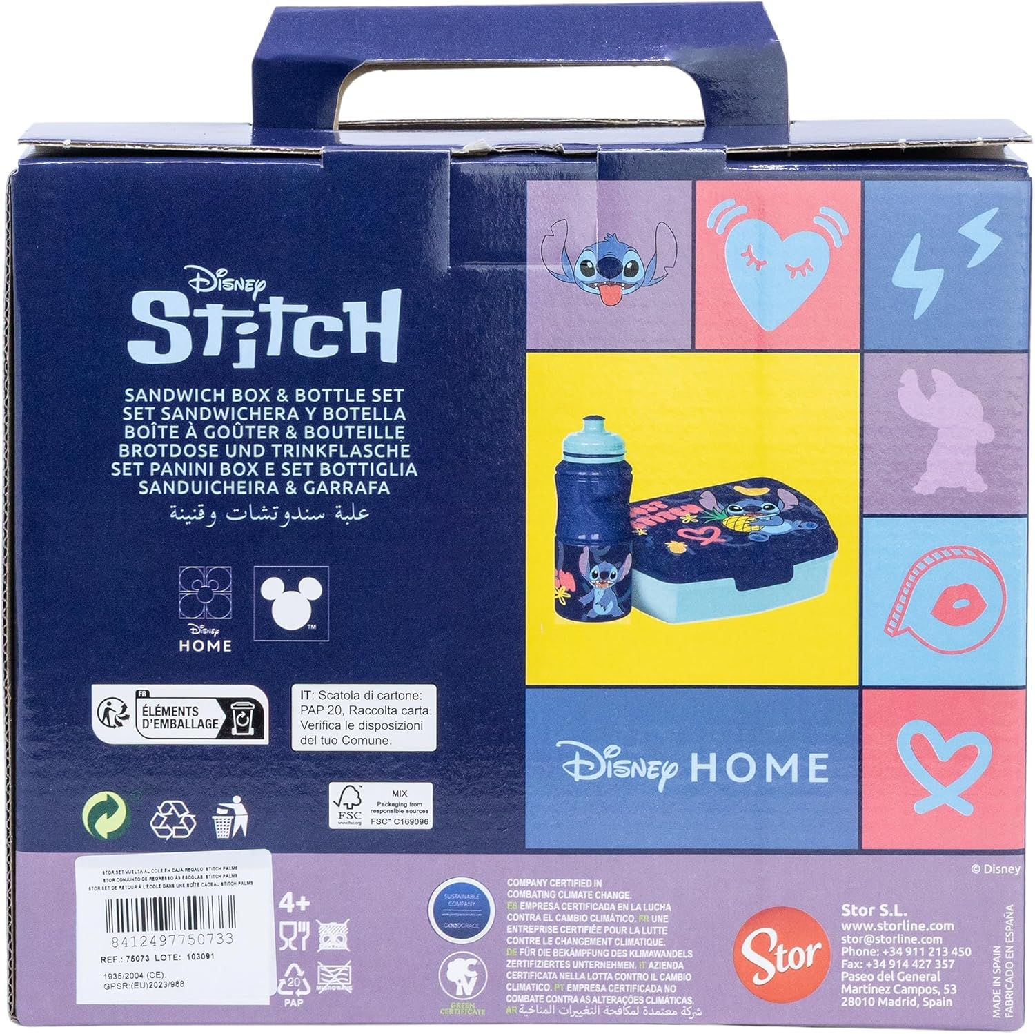 Parte trasera de la caja del juego de lonchera Stitch, con información del producto, gráficos de Stitch y un asa.