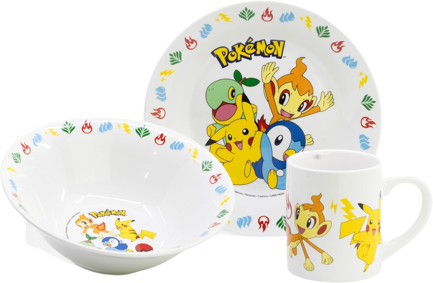 Juego de vajilla blanco con temática de Pokémon con plato, cuenco y taza.