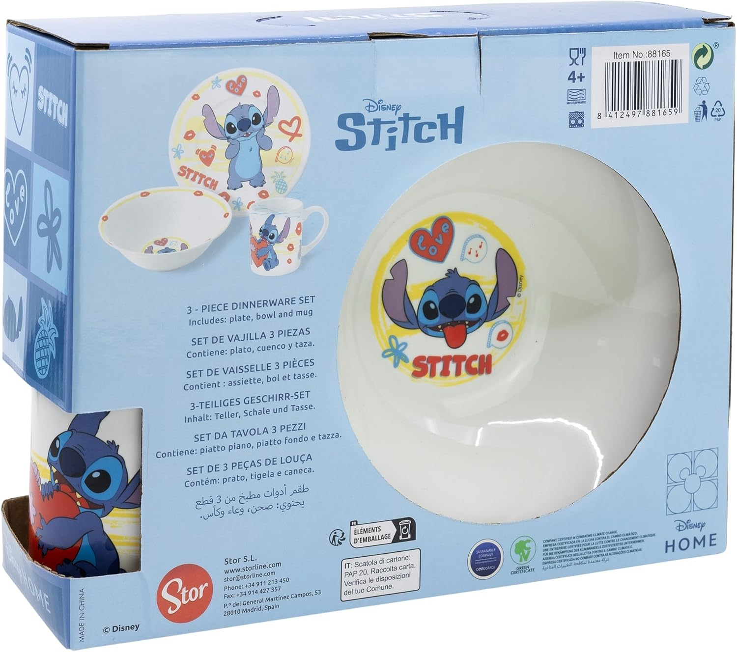 Juego de vajilla Stitch en caja. Incluye plato, cuenco y taza. Imágenes de Stitch.
