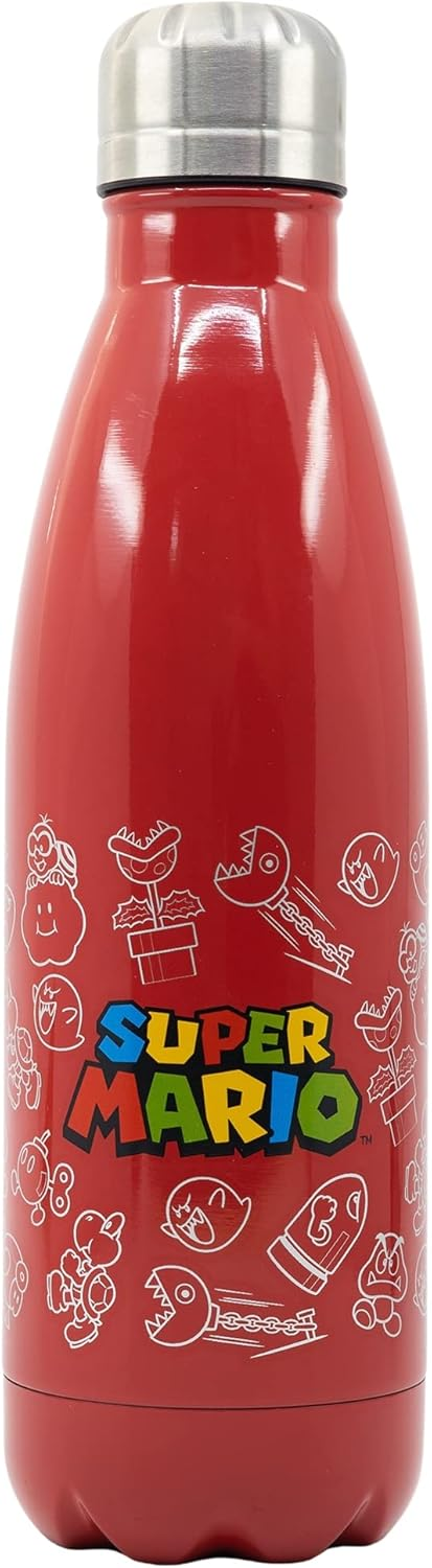 Botella de agua roja de Super Mario. Contiene personajes de Mario y logo de Super Mario.