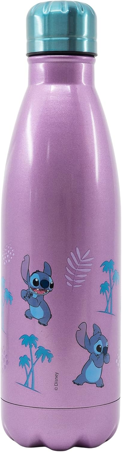 Botella de agua rosa Stitch con imágenes de Stitch y palmeras azules.