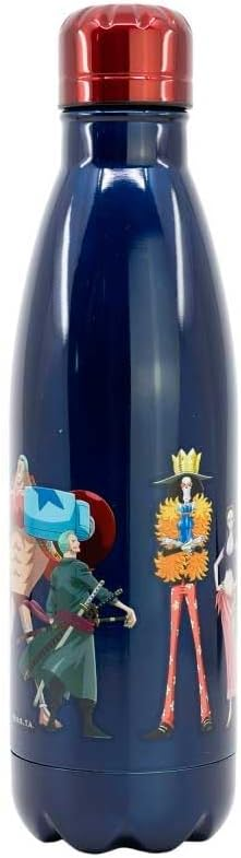 Botella de agua azul de One Piece con personajes. Tapa roja.