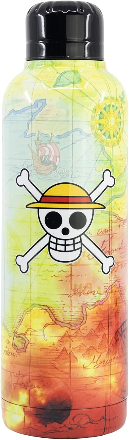Botella de agua One Piece con mapa e imagen de calavera.
