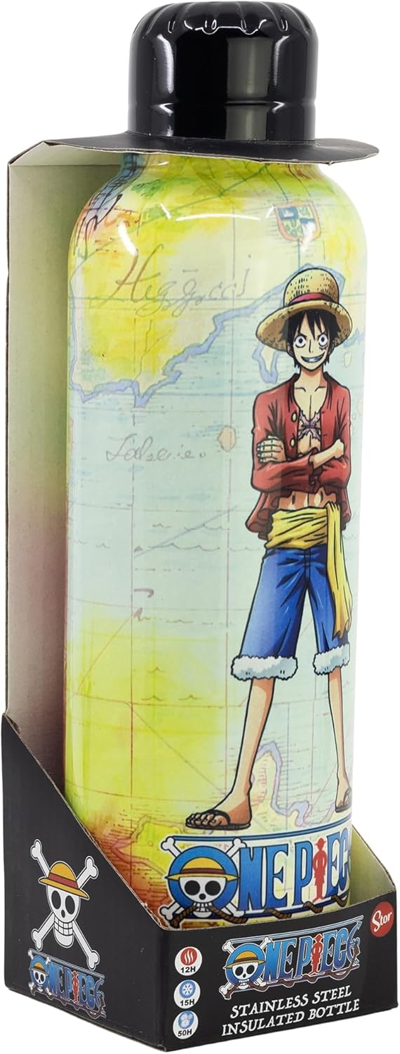 Botella de agua One Piece en caja. Muestra a Luffy sobre un fondo de mapa.