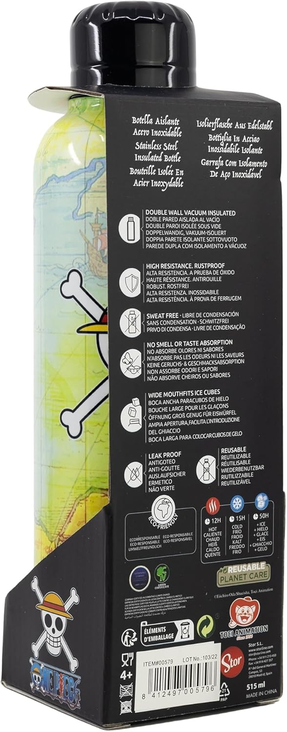 Botella de One Piece con fondo de mapa y el logo de One Piece. La botella tiene una tapa negra.
