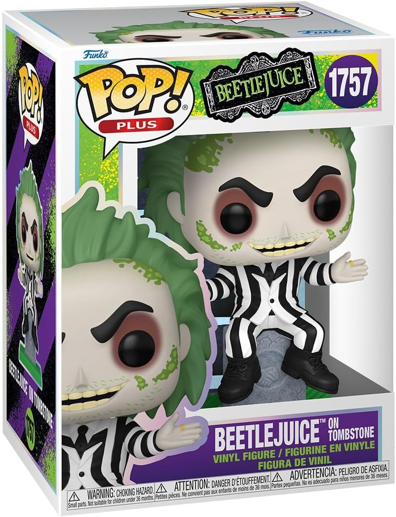 Una caja Funko Pop muestra a Beetlejuice en una lápida, con pelo verde y un traje a rayas blanco y negro.