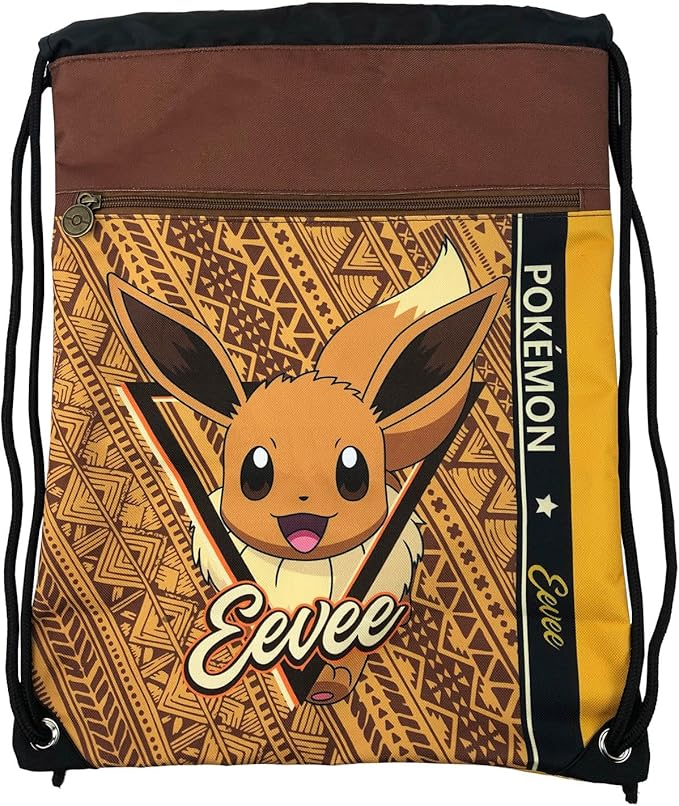 Una bolsa con cordón presenta a Eevee, un Pokémon, con un patrón tribal marrón y naranja.