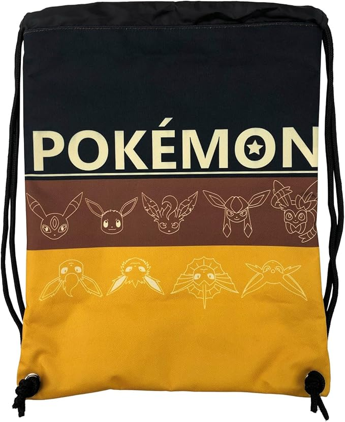 Una bolsa con cordón de Pokémon negra y dorada con varias siluetas de Pokémon.