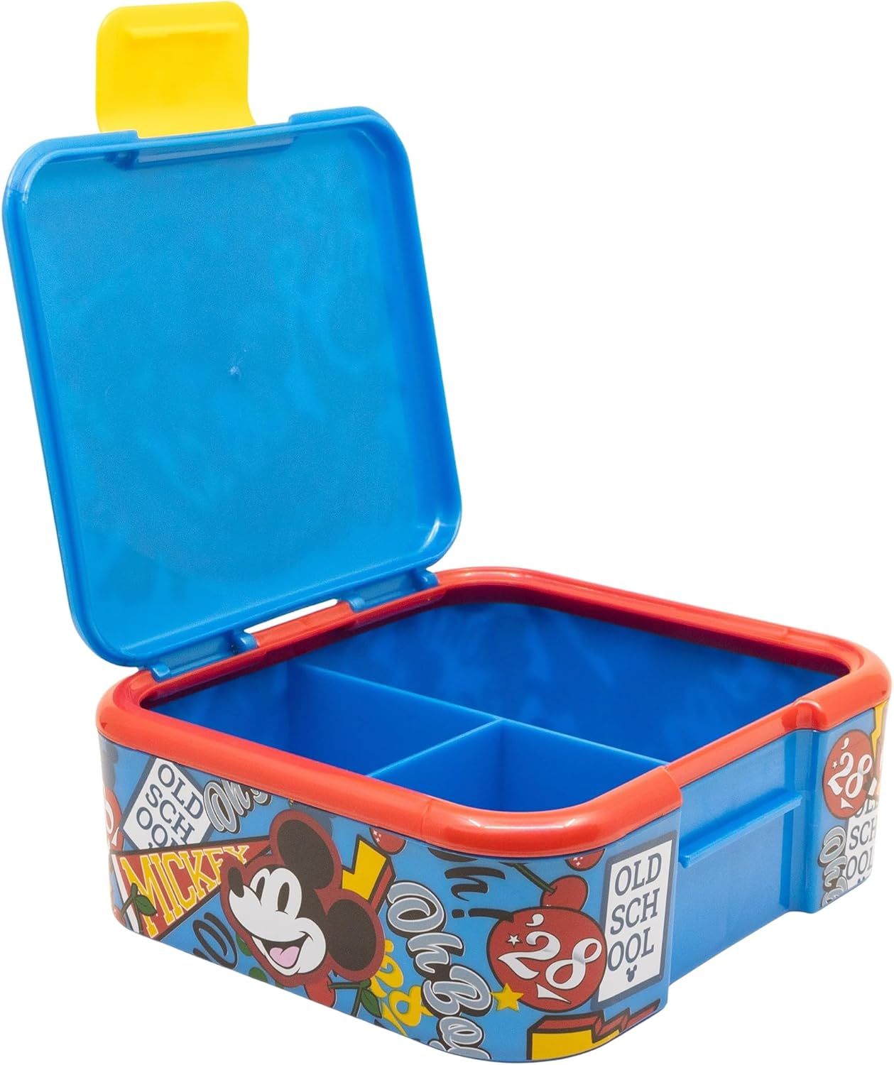 Lonchera azul de Mickey Mouse abierta. Cierre amarillo.