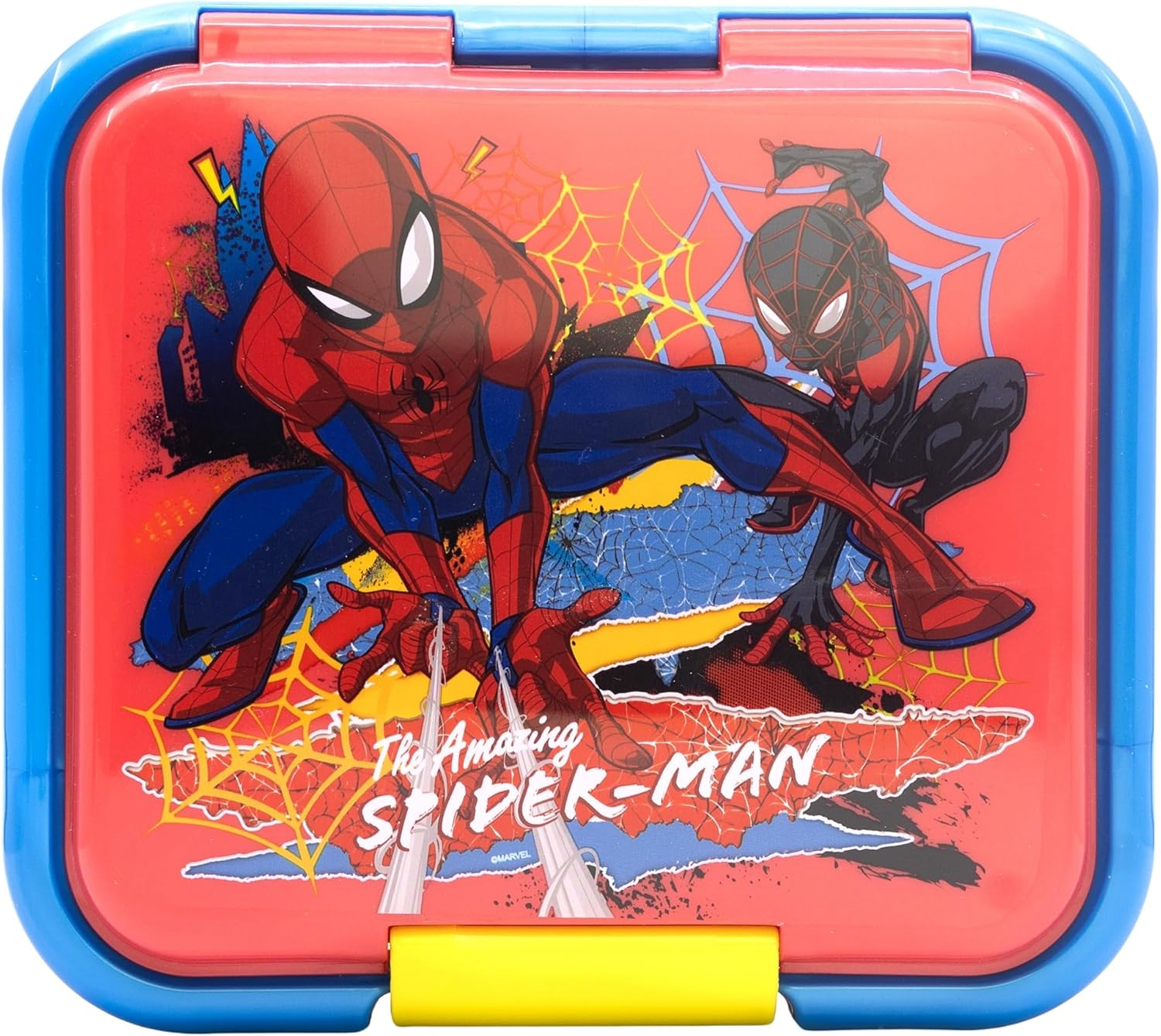 Fiambrera de Spider-Man: tapa roja con imágenes de Spidey, borde azul, cierre amarillo. Dos Spidermans con telarañas.
