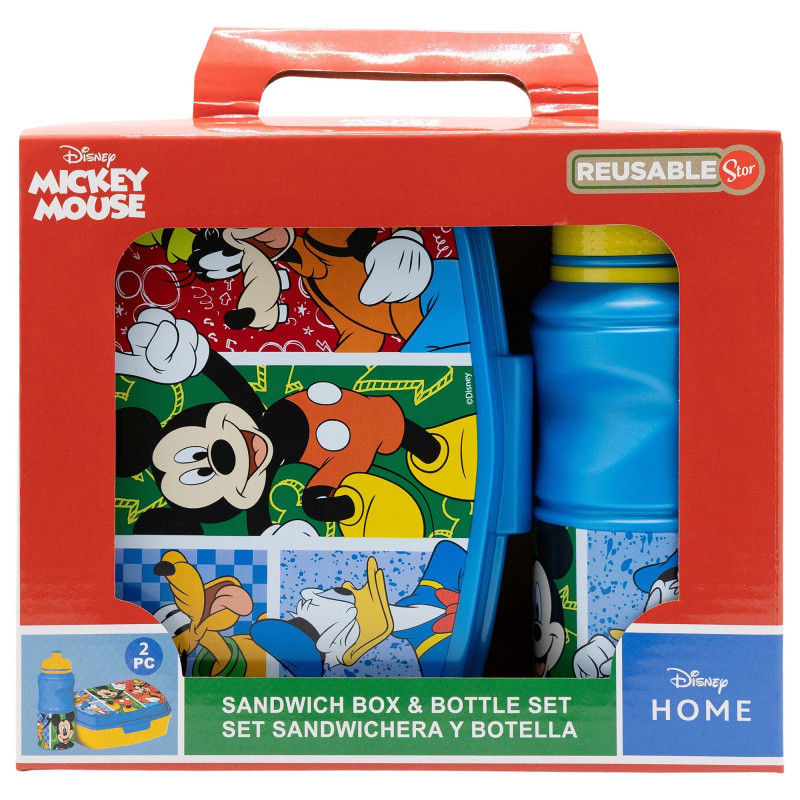 Set de almuerzo de Mickey Mouse: caja roja, fiambrera y botella azules, imágenes de Mickey Mouse en la caja.