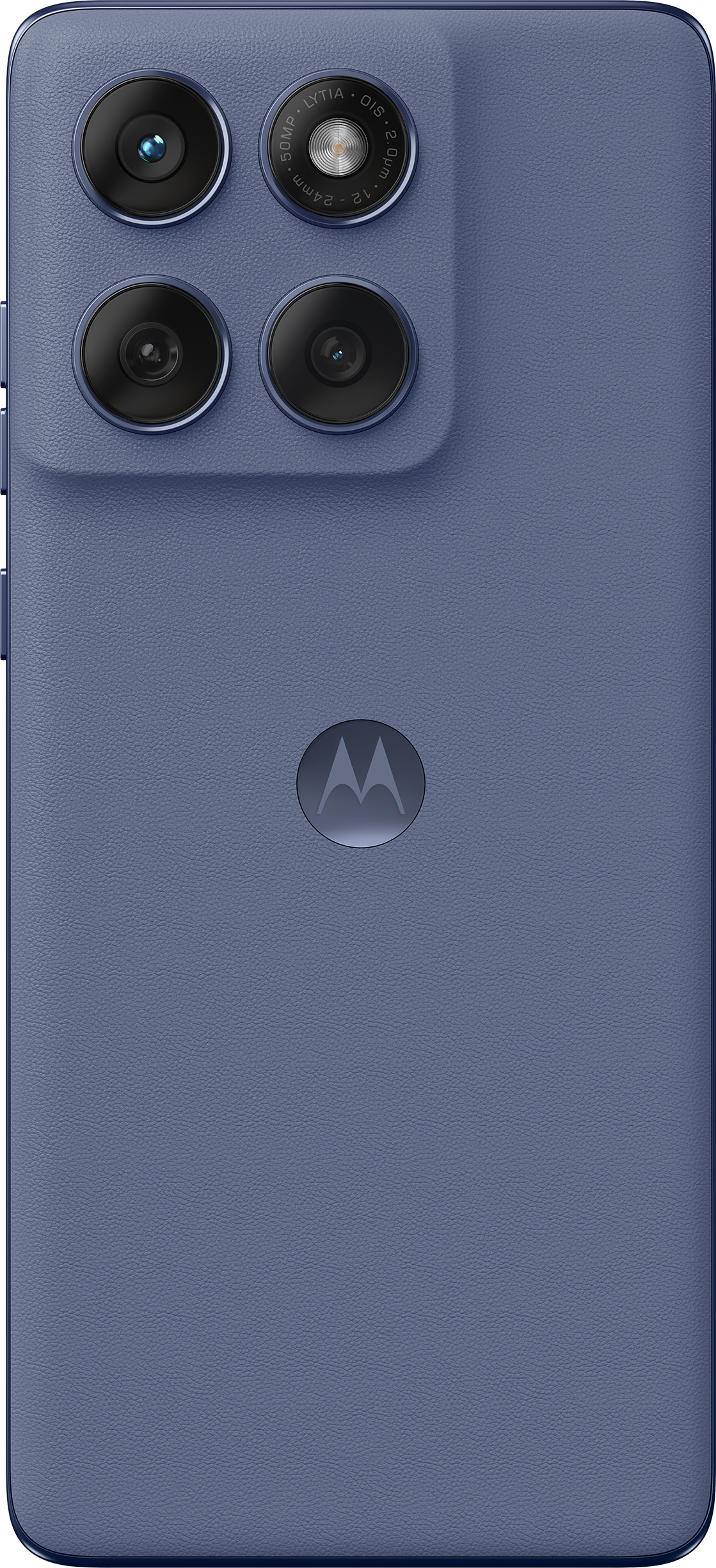 Rückseite eines dunkelblauen Motorola-Telefons. Drei Kameralinsen und Logo mittig.