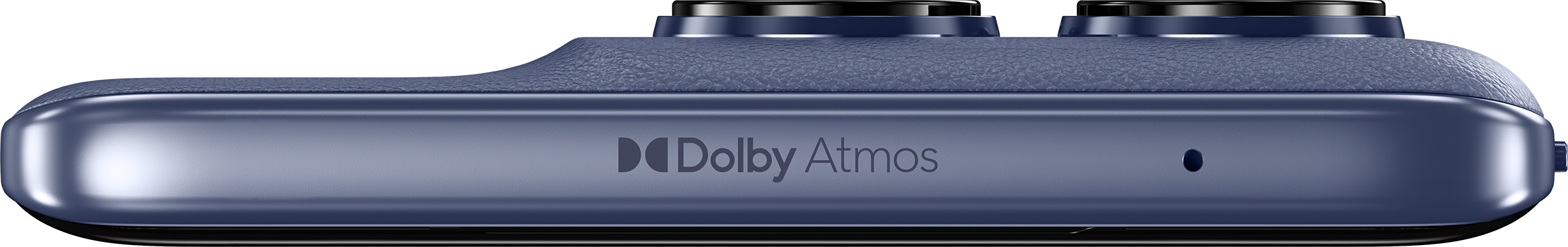 Nahaufnahme zeigt die Seite eines dunkelblauen Smartphones mit dem Dolby Atmos Logo.