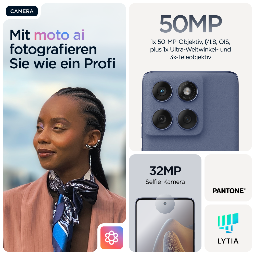 Eine Frau mit geflochtenen Haaren und einem Schal, ein Telefon, das eine Kameraschnittstelle zeigt, und Telefondetails.