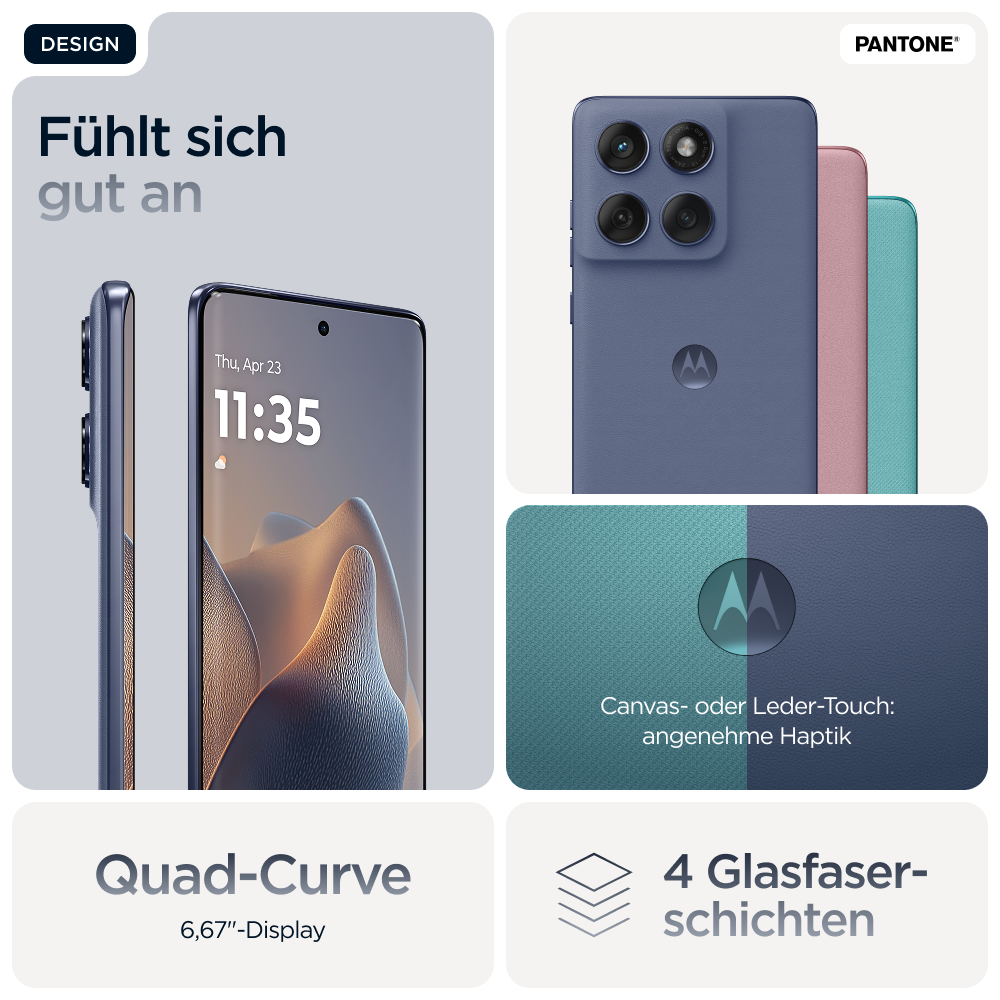 Ein Telefon mit einem Display, das eine Uhr zeigt, und eine Seitenansicht, sowie Details zum Design des Telefons.