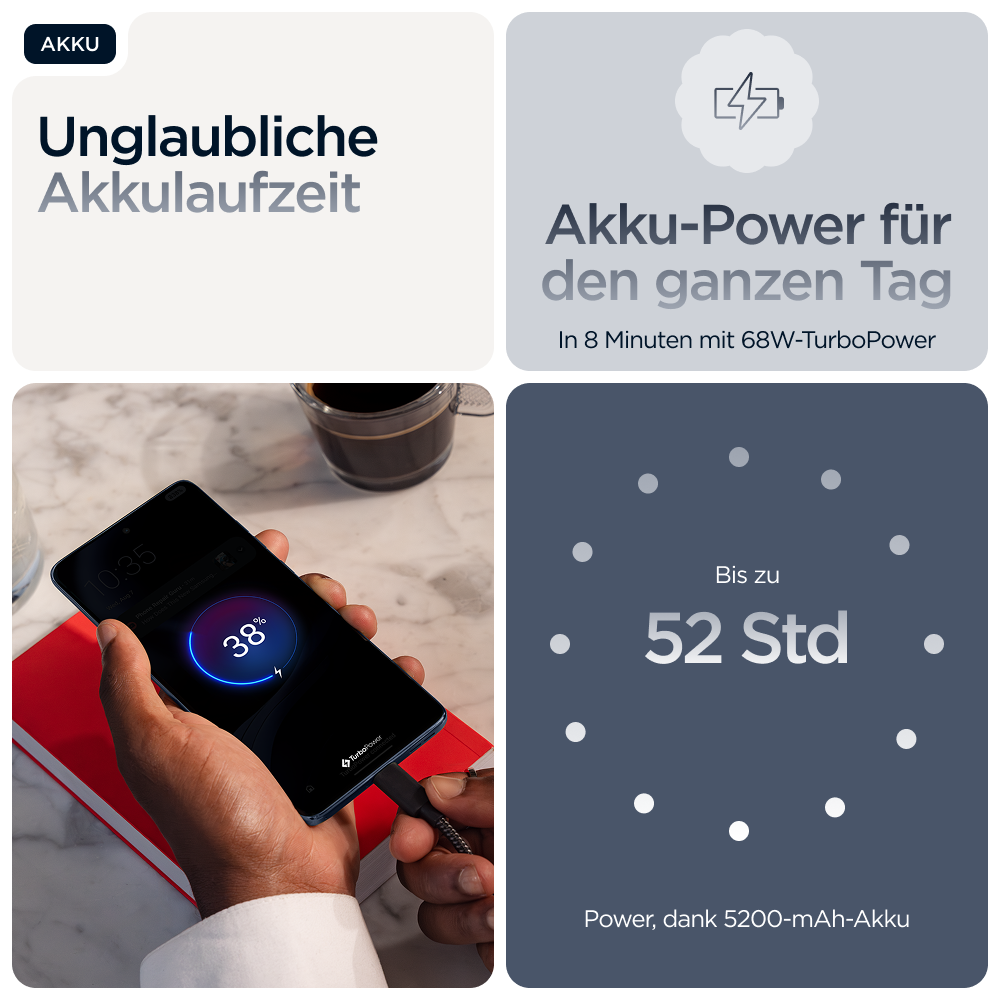 Telefon lädt, zeigt 38% Akku. Grafiken zeigen lange Akkulaufzeit und 52 Stunden Nutzung.