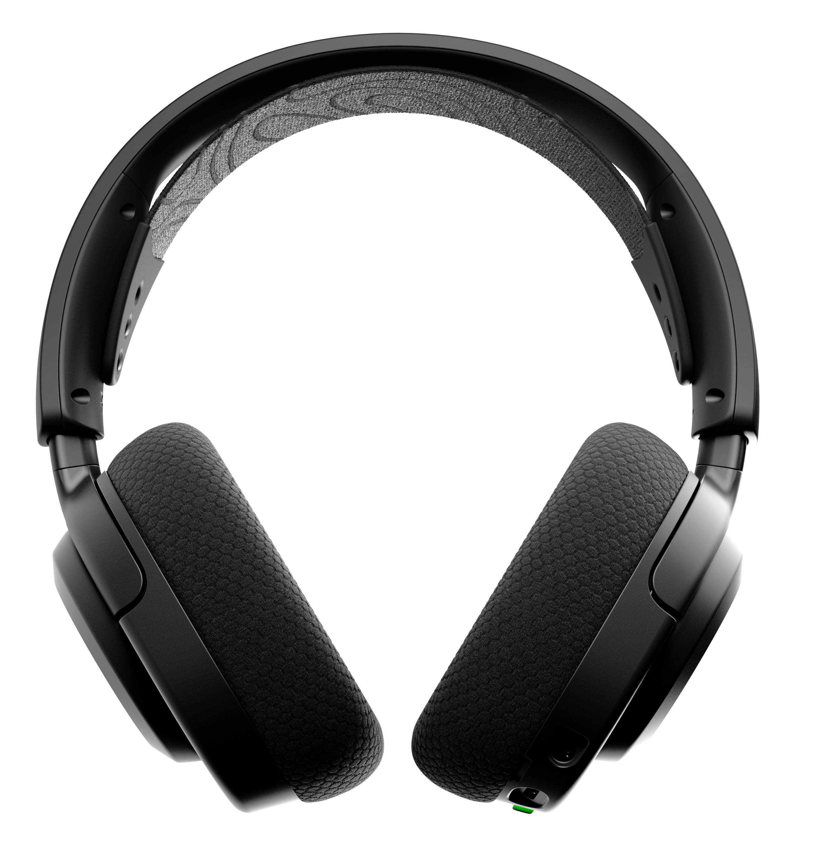 Słuchawki dla graczy, czarne nauszniki i pałąk, na białym tle, zielony przycisk.