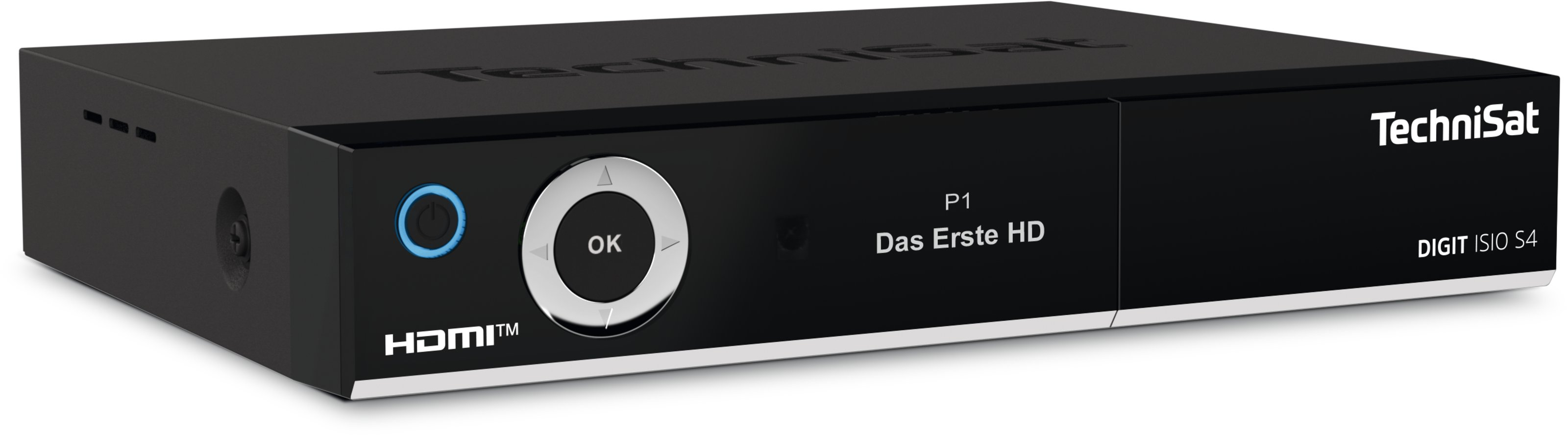 Ein schwarzer TechniSat Digi ISIO S4 Receiver. Er hat eine Frontplatte mit Knöpfen und einem Display mit "P1 Das Erste HD".