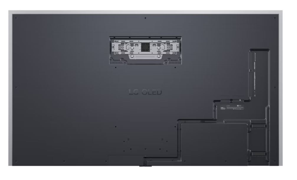 Büyük, koyu gri bir LG OLED TV'nin arkası, bağlantı noktaları ve montaj elemanları görünür.