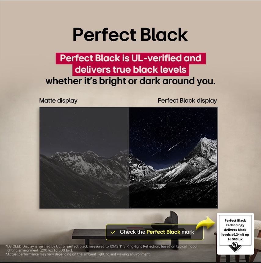 Bir ekranda mükemmel siyah ekran teknolojisi hakkında bir reklam, bir dağın görüntüleriyle.