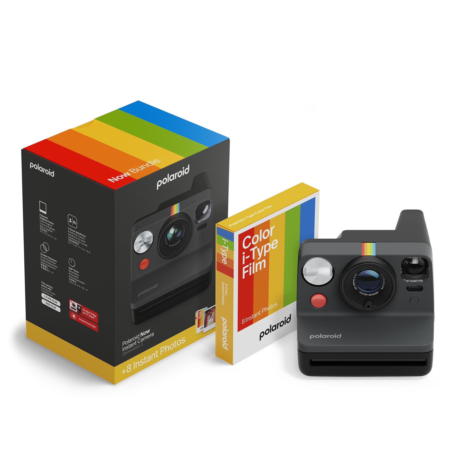 Polaroid kamera, film ve kutu. Kamera gri, kutu gökkuşağı tasarımına sahip.