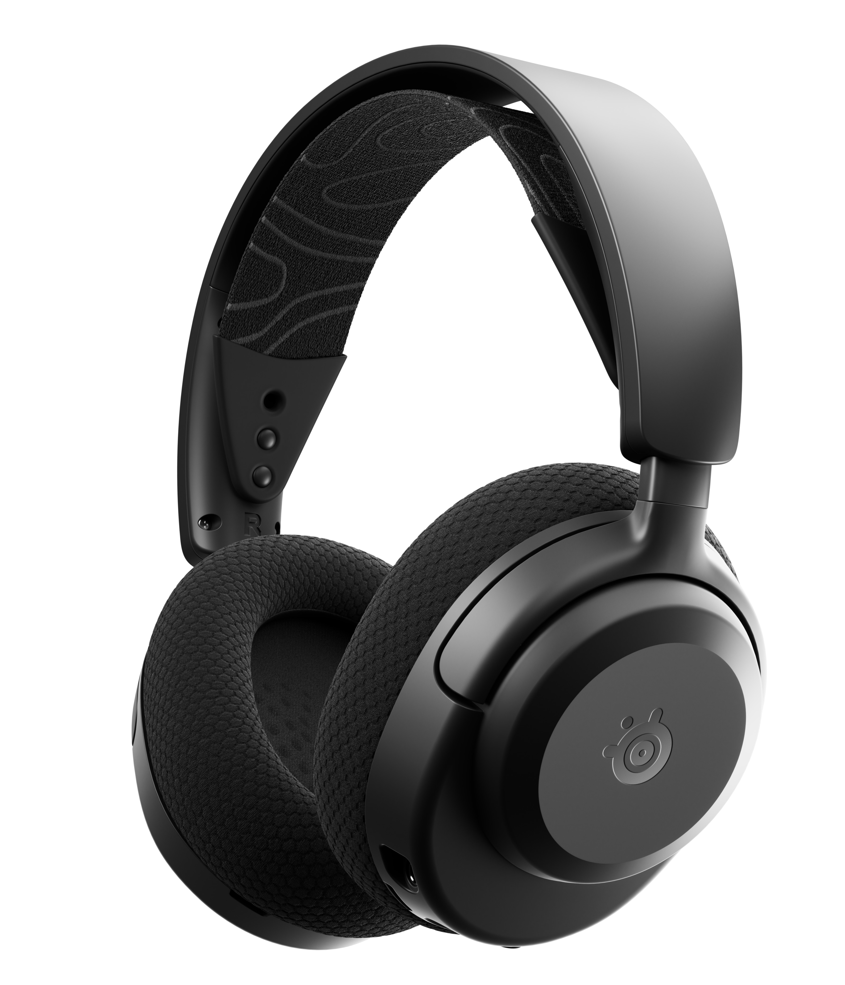 Czarne słuchawki dla graczy. Szczegółowy widok nauszników i konstrukcji pałąka. Pokazuje logo SteelSeries.