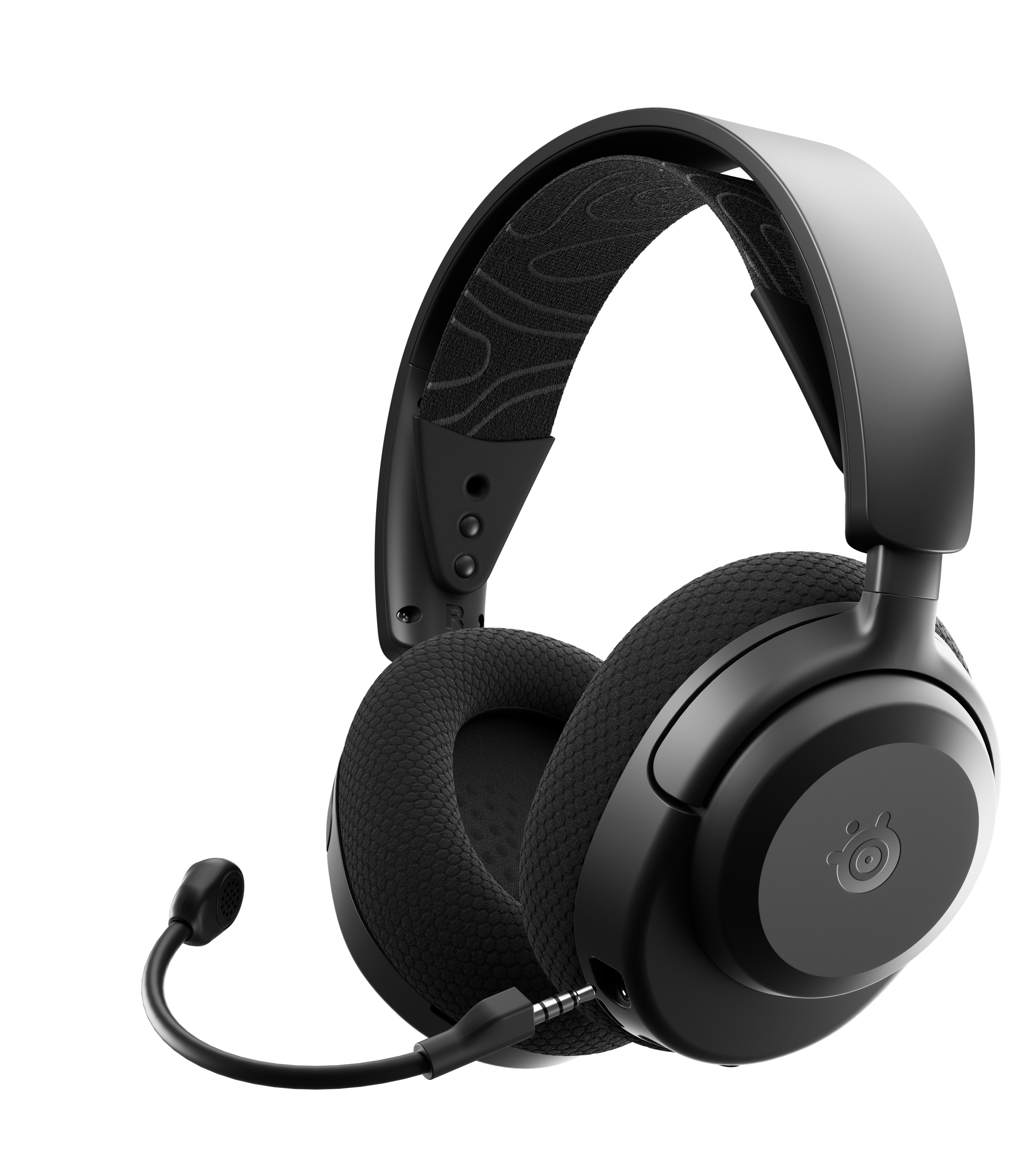 Czarne słuchawki dla graczy z mikrofonem i kablem. Widoczne logo SteelSeries. Pokazuje szczegóły.