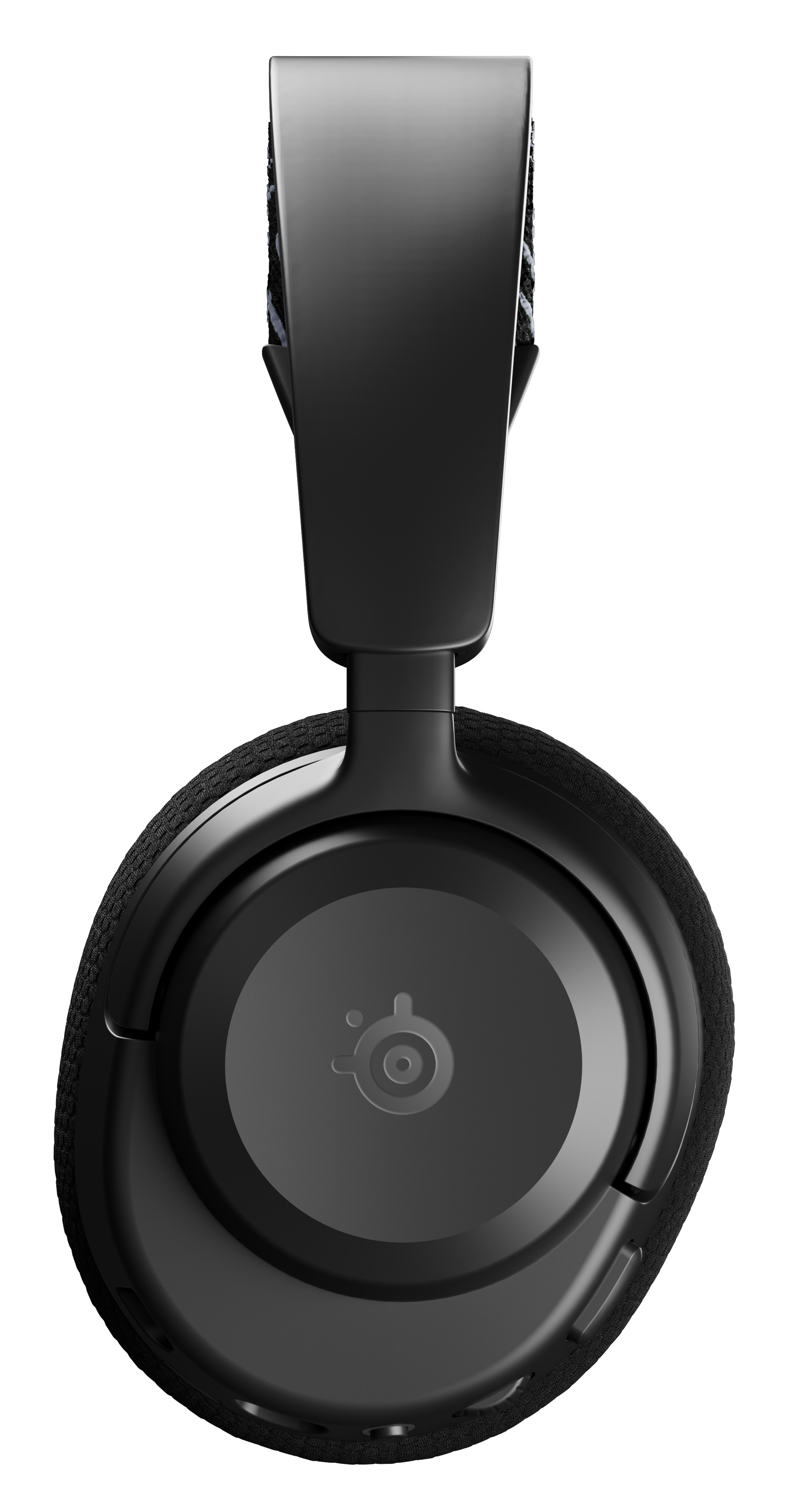 Czarne słuchawki dla graczy, widok z góry. Pokazuje nauszniki z logo SteelSeries. Widoczny jest design pałąka.