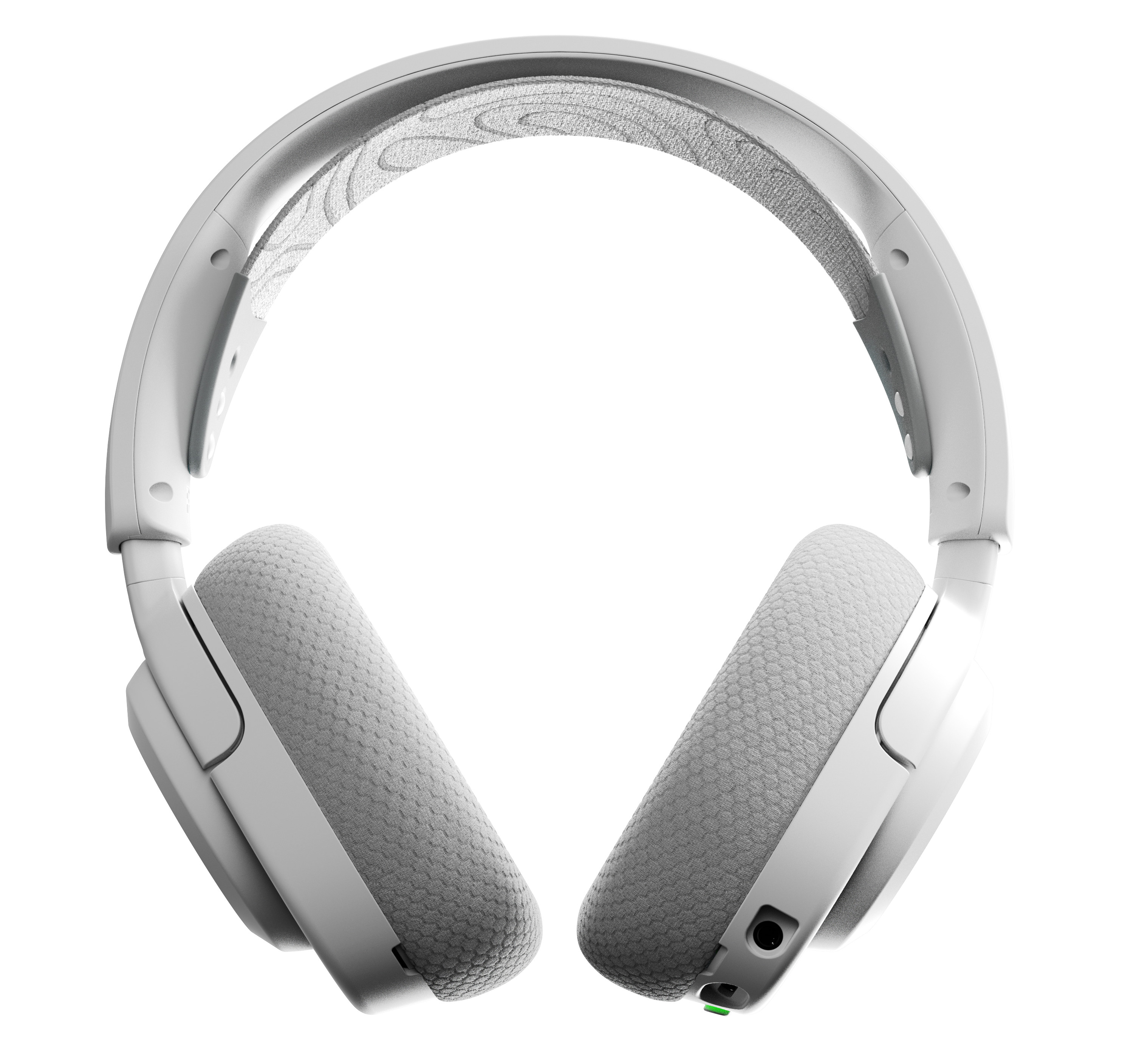 Białe słuchawki dla graczy, widok z góry, szare akcenty, nauszniki i pałąk.