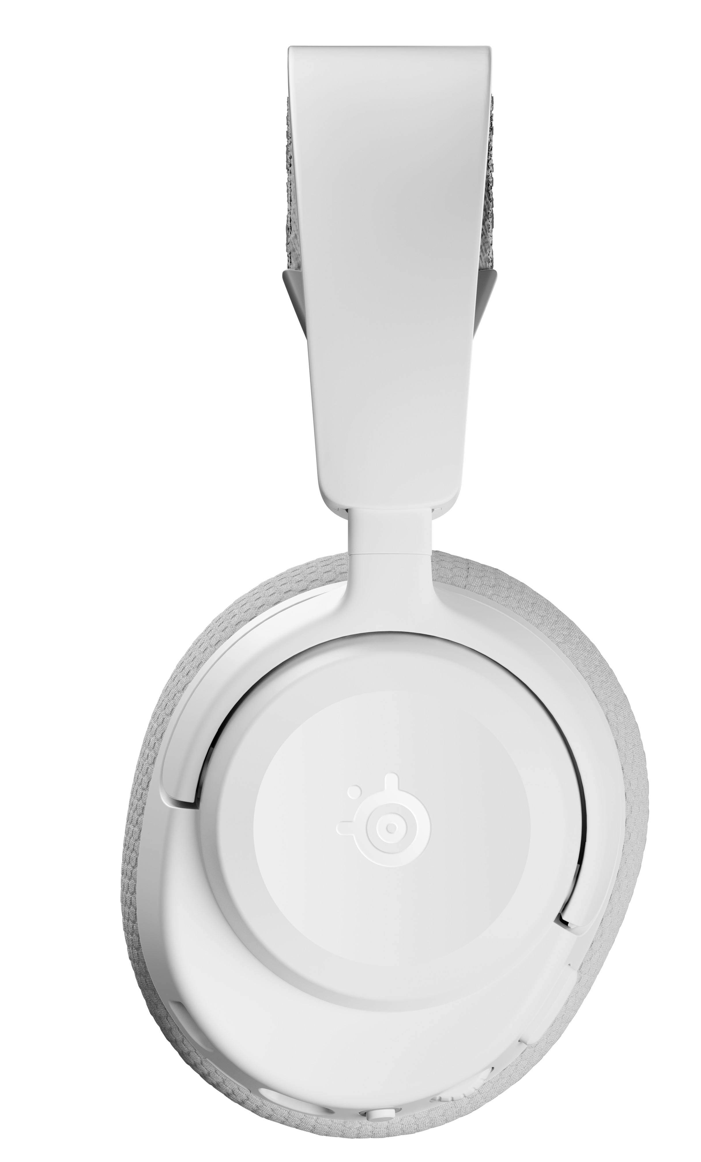 Białe słuchawki dla graczy, widok z tyłu, szczegóły nausznika i pałąka, na białym tle.