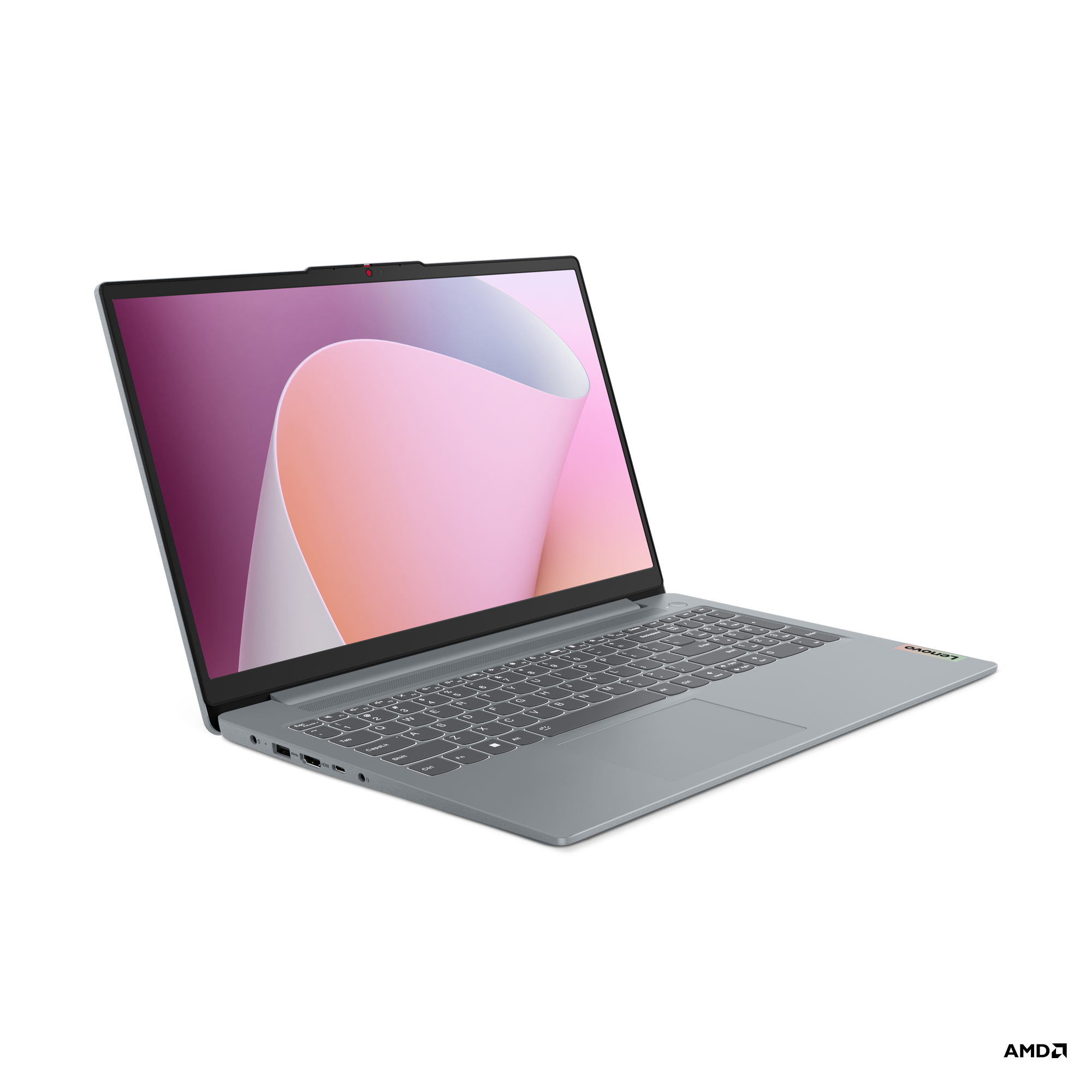 Gri Lenovo dizüstü bilgisayar açık, siyah bir arka plan üzerinde izleyiciye doğru açılı. Ekran pembe ve beyaz bir görüntü gösteriyor.