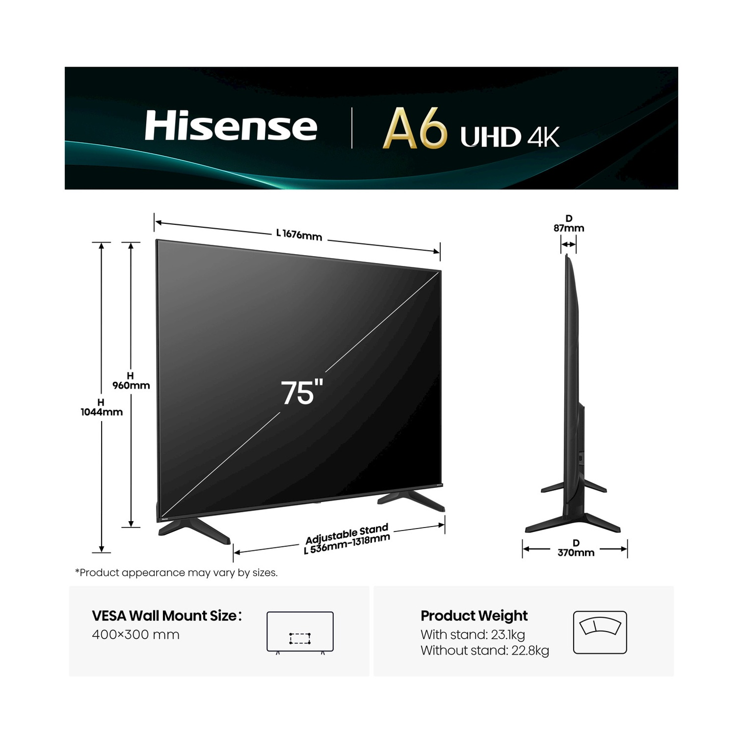 Diagramma di un TV Hisense A6 UHD 4K da 75 pollici, con dimensioni, supporto e montaggio VESA.