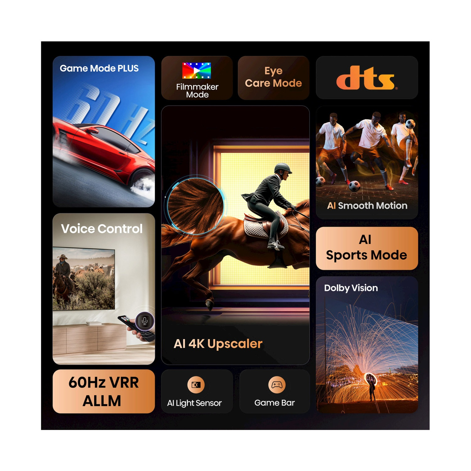Funzionalità TV: Game Mode PLUS, Filmmaker Mode, Eye Care Mode, AI Smooth Motion, AI Sports Mode, Dolby Vision.