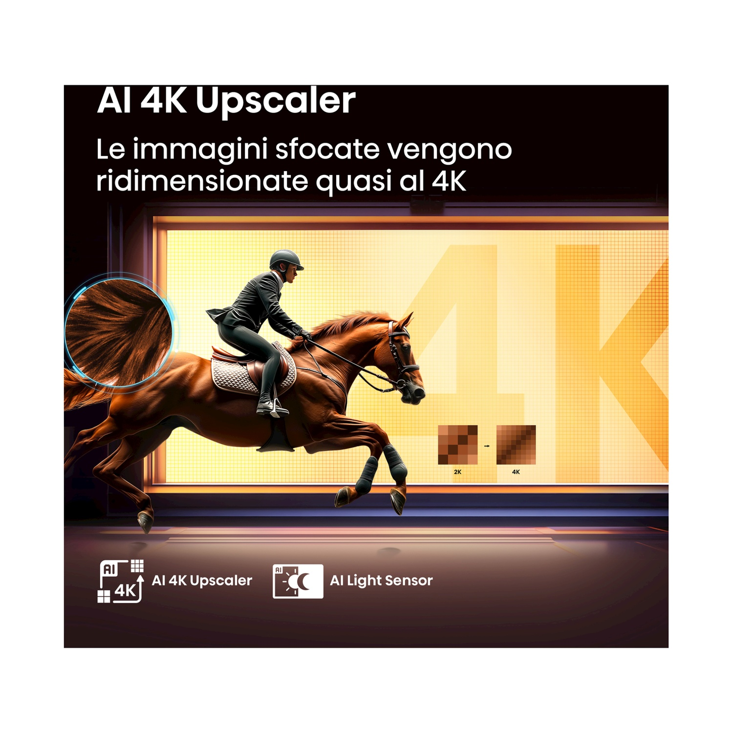 Cavallo e cavaliere su uno schermo TV, con AI 4K Upscaler, che mostra il processo di upscaling.