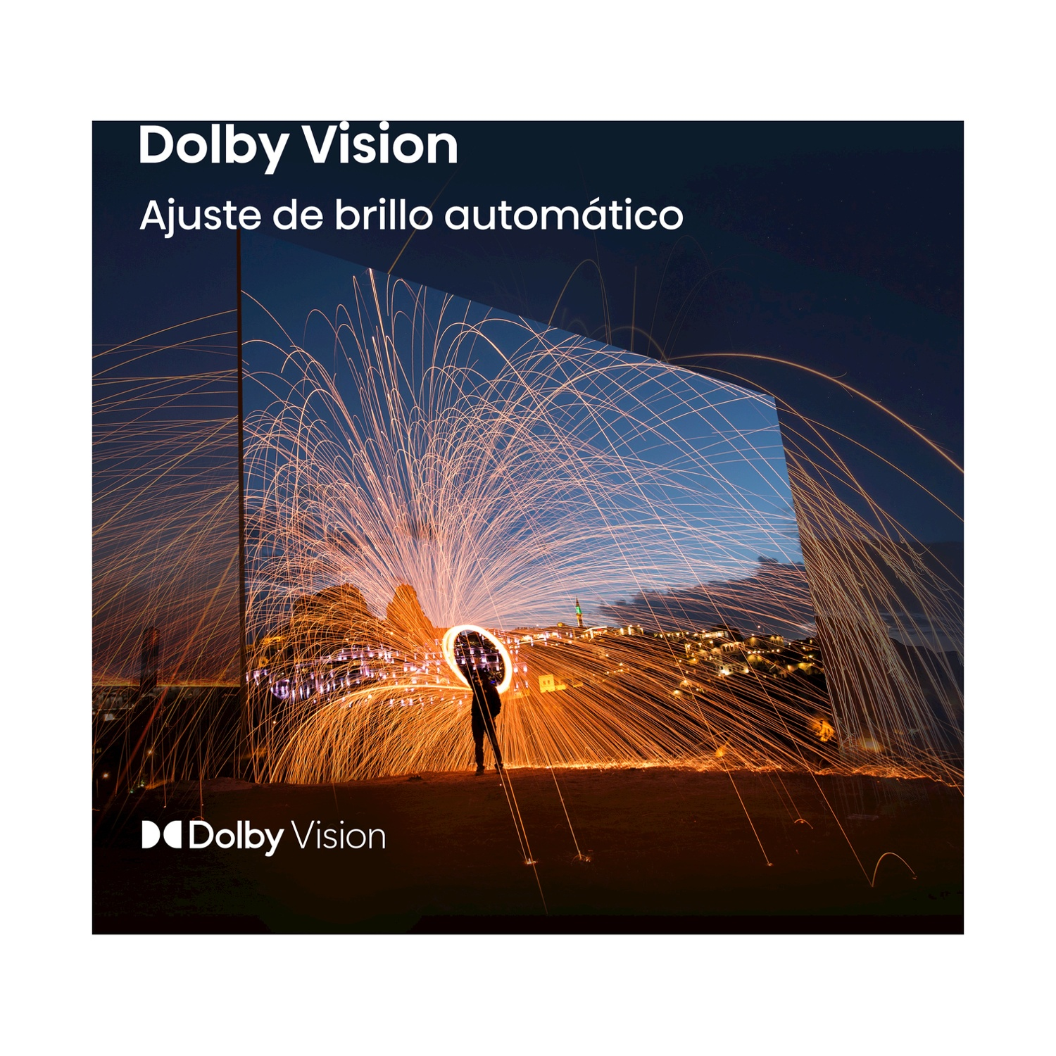 Persona che crea uno spettacolo di luci con scintille, mostrando la funzione Dolby Vision di una TV.