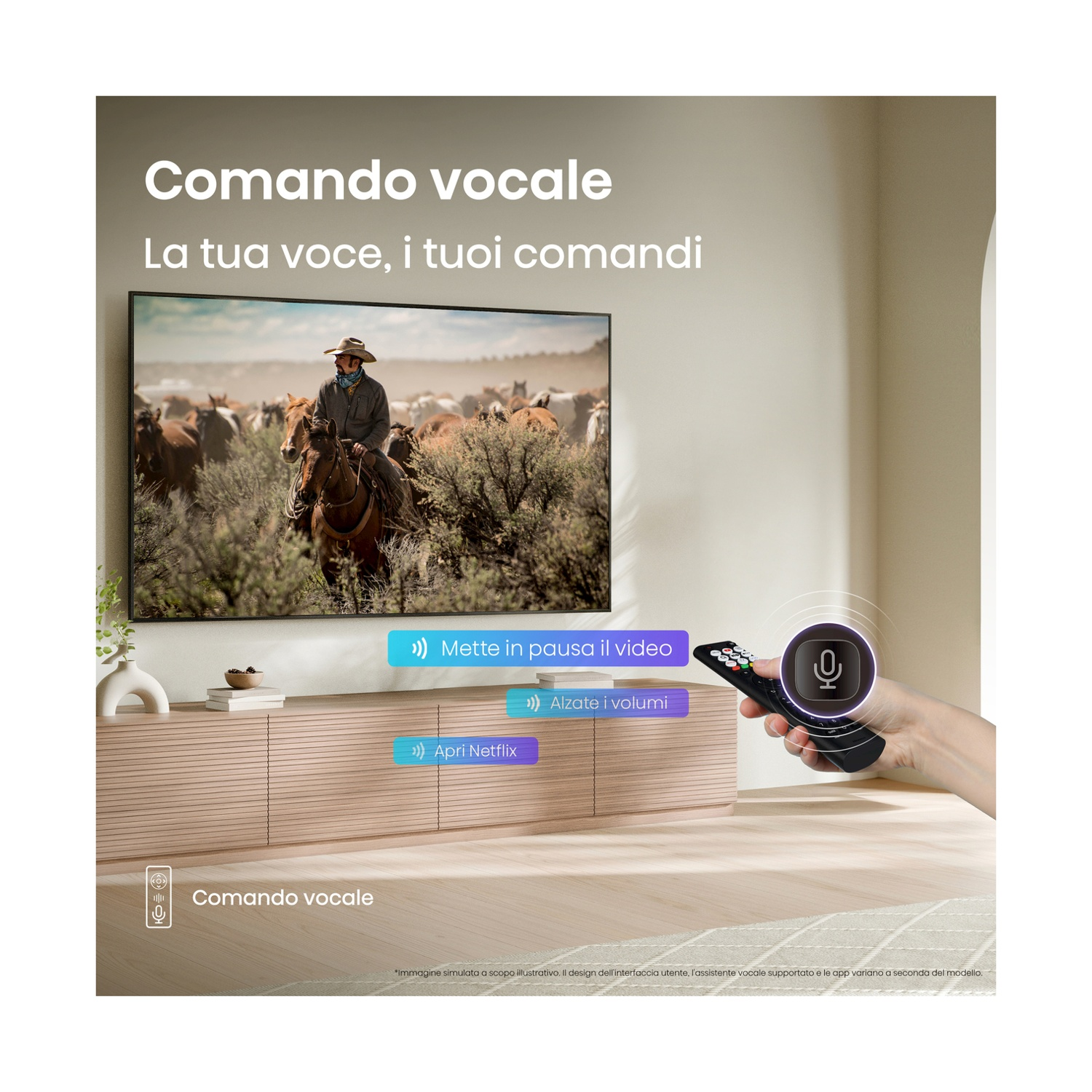 Persona a cavallo in una scena TV, controllata da comandi vocali: pausa, volume e accesso a Netflix.