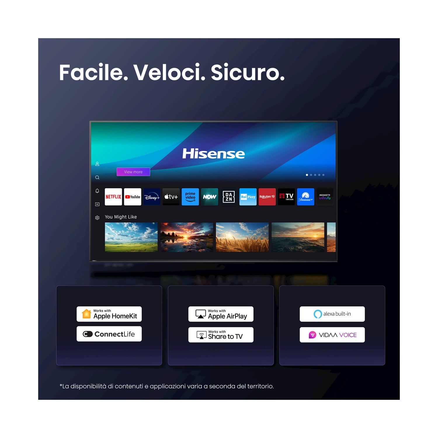 Schermo TV con icone di app, con loghi per Apple HomeKit, Apple AirPlay e funzioni Alexa integrate.