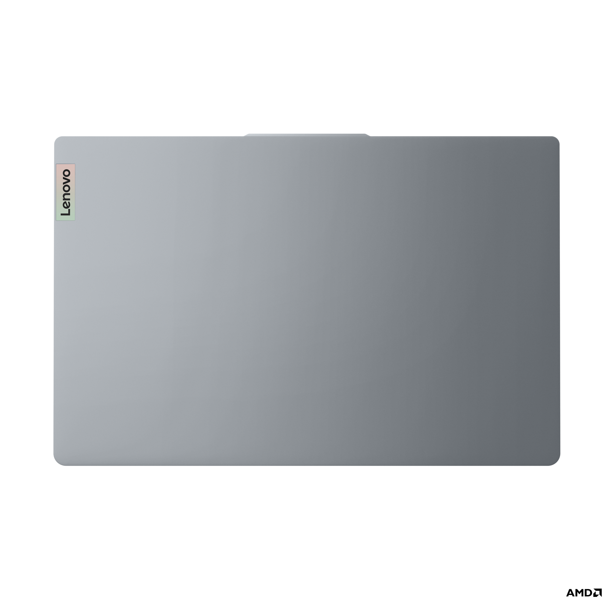 Siyah zemin üzerinde gri bir Lenovo dizüstü bilgisayar. Lenovo logosu sol üst köşede görülebilir.
