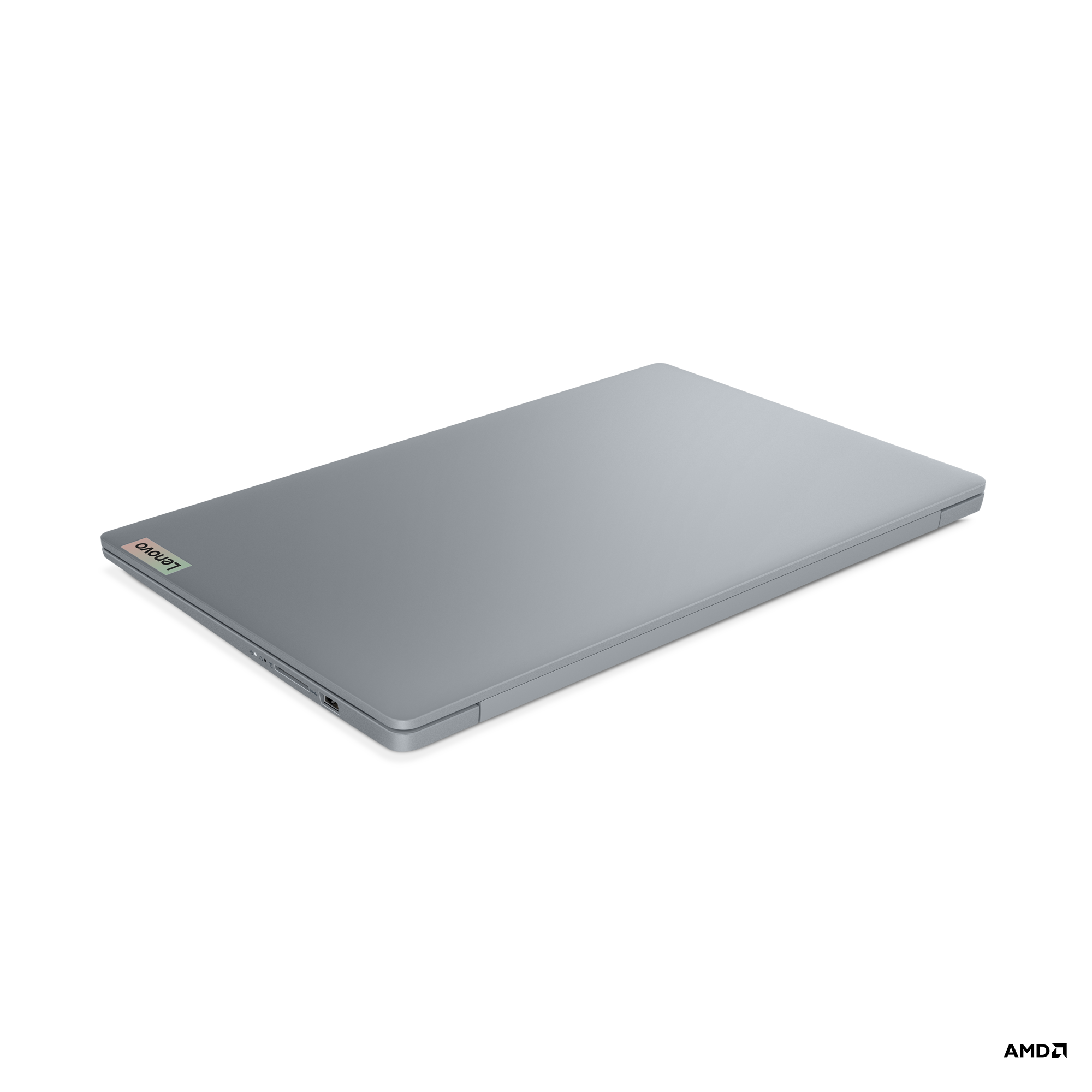 Siyah zemin üzerinde kapalı gümüş renkli bir Lenovo dizüstü bilgisayar.