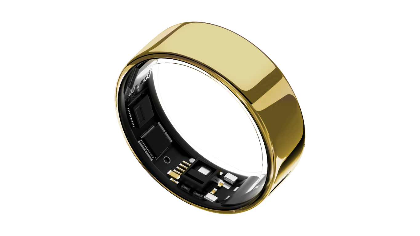 Złoty pierścień, pokazujący czarne wnętrze z obwodami, na czarnym tle.