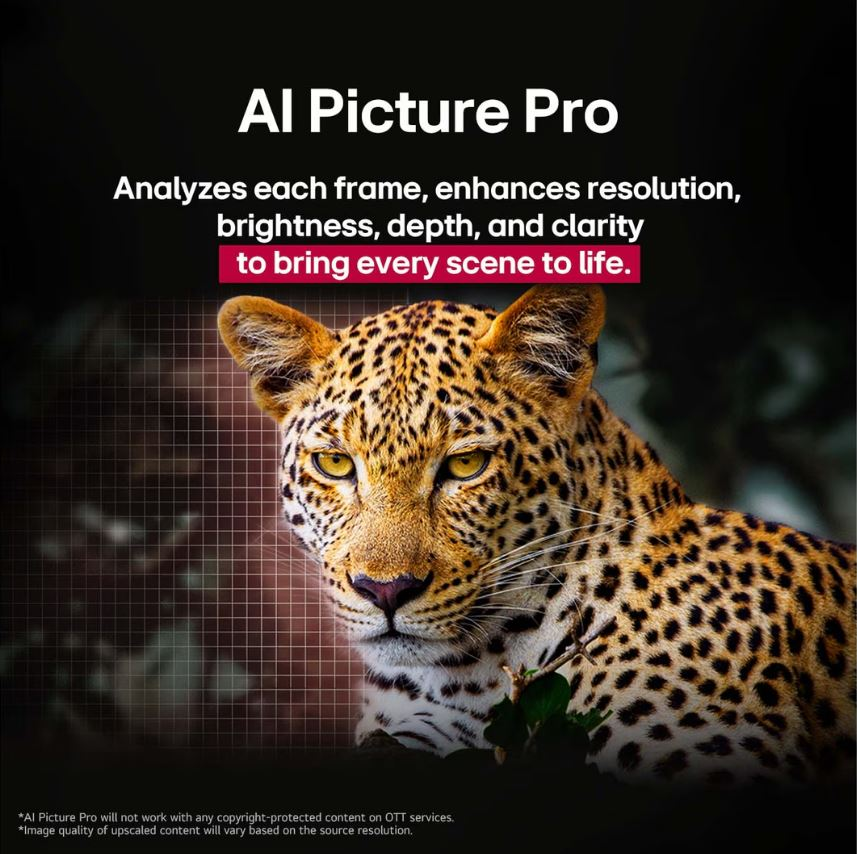 Sarı gözlü bir leopar yüzü, koyu bir arka plan üzerinde. Metin, AI Picture Pro çözünürlüğü geliştirir.