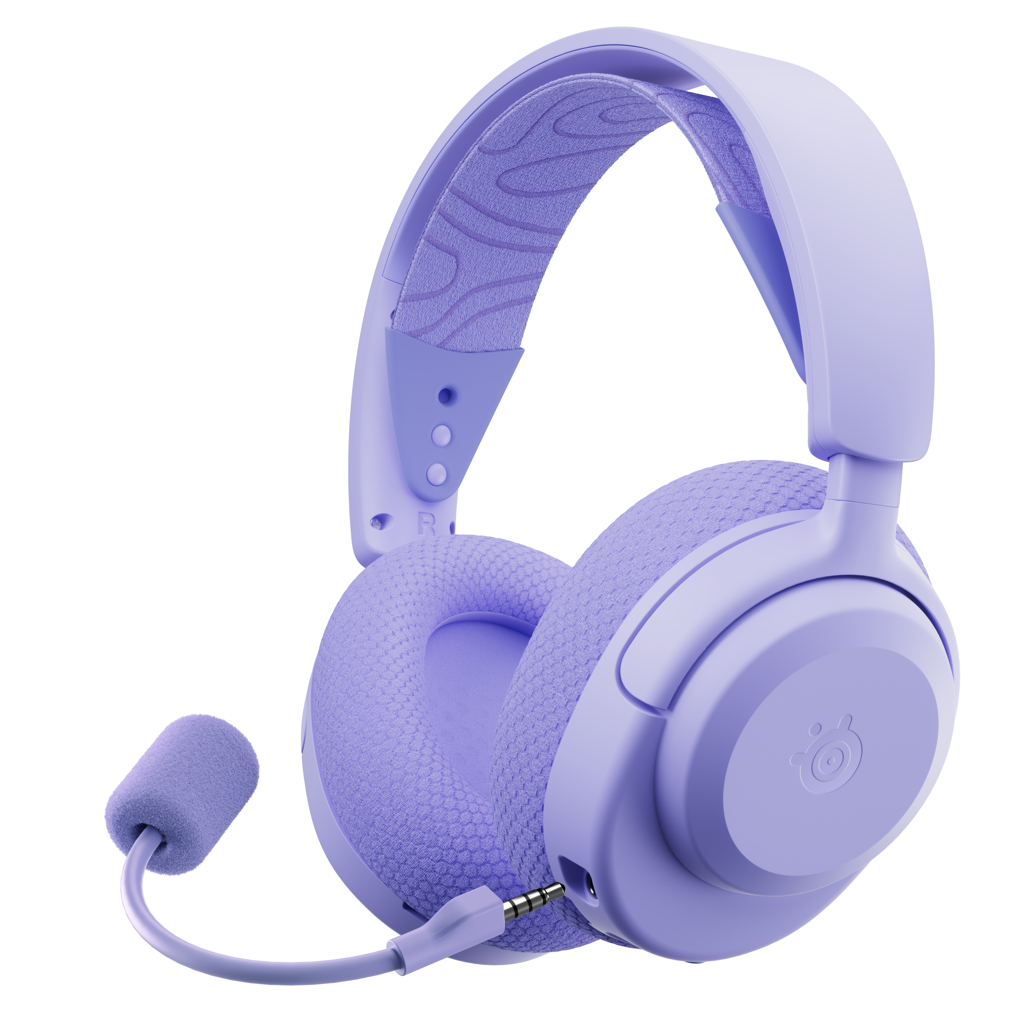 Fioletowy zestaw słuchawkowy z mikrofonem. Zestaw słuchawkowy ma wzorzystą opaskę. Tło jest czarne.